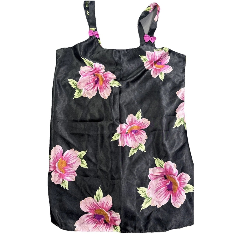 Sante Classics Babydoll Floral Satin Slip Dress Nightie Black Womens L romance